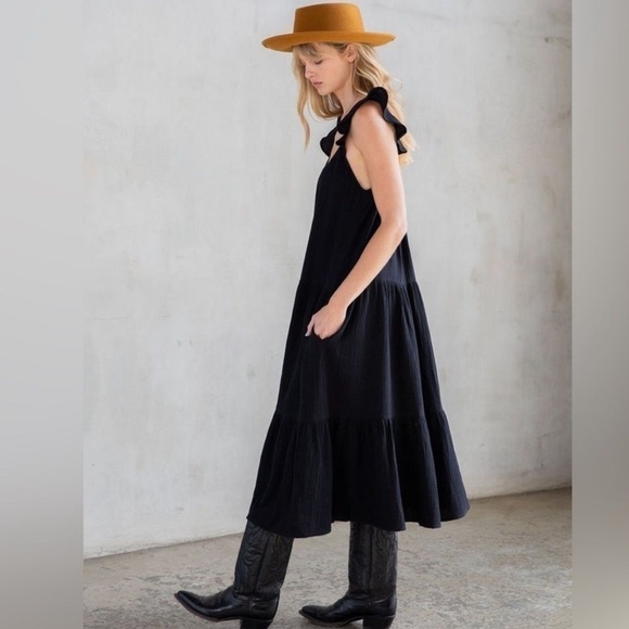 Xirena Rumer Scoop Neck Flutter Sleeve Gauze Tiered Midi Dress Black XL - Picture 2 of 11